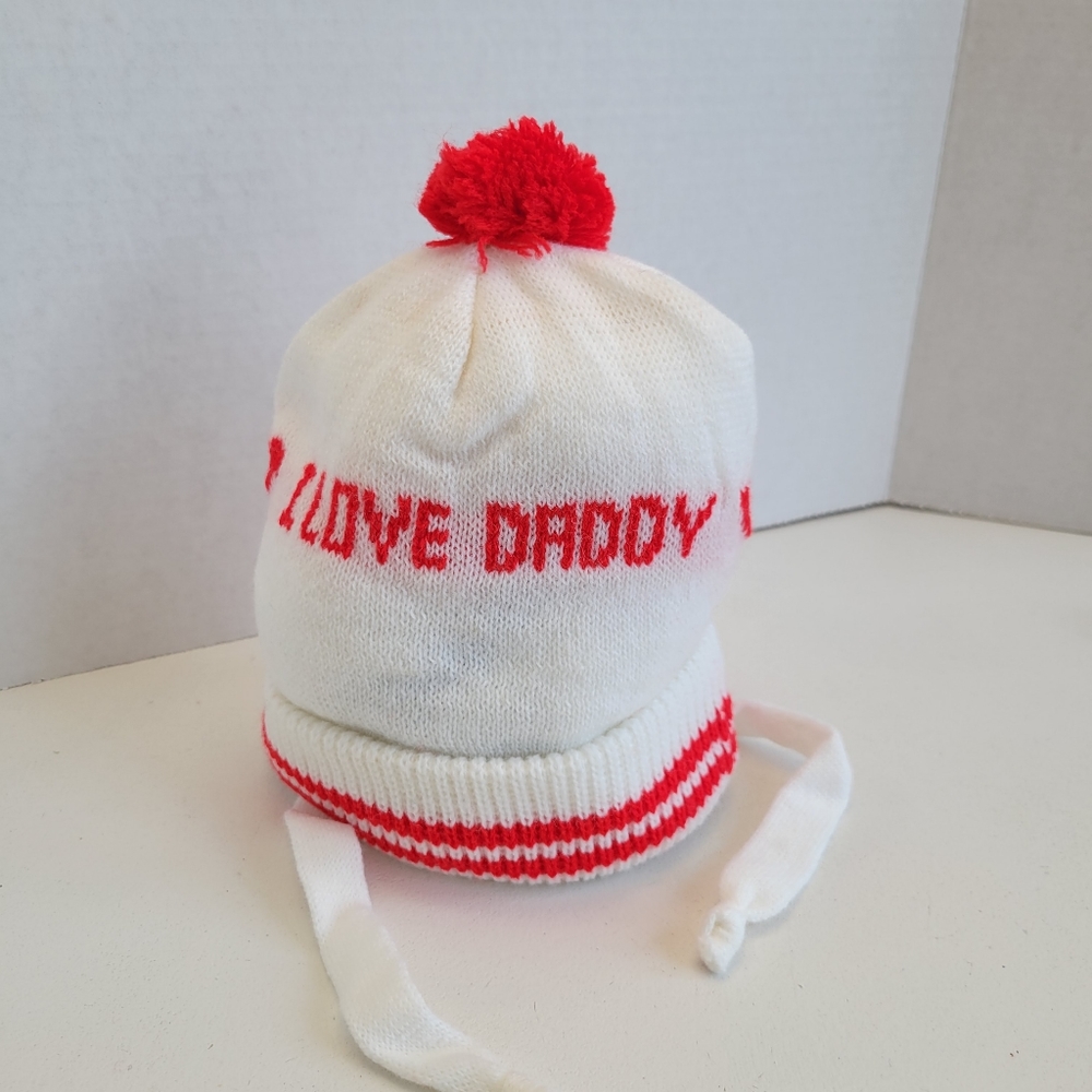 VTG Beanie Kids Toboggan Child Toddler Knit Pom Pom I Love Mommy Daddy Deadstock
